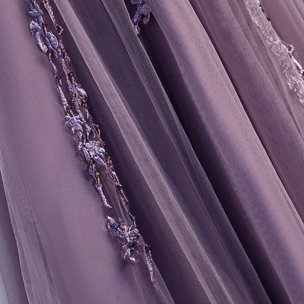 Chic / Beautiful Grape Evening Dresses  2019 A-Line / Princess Spaghetti Straps Beading Crystal Lace Flower Short Sleeve Backless Asymmetrical Formal Dresses