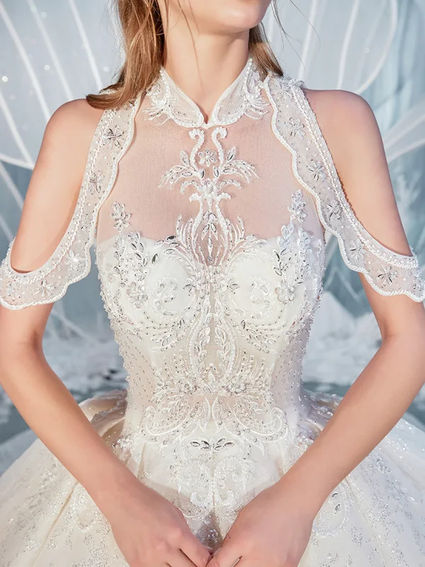 High-end Champagne Wedding Dresses 2019 Ball Gown High Neck Beading Sequins Crystal Lace Flower Sleeveless Backless Royal Train