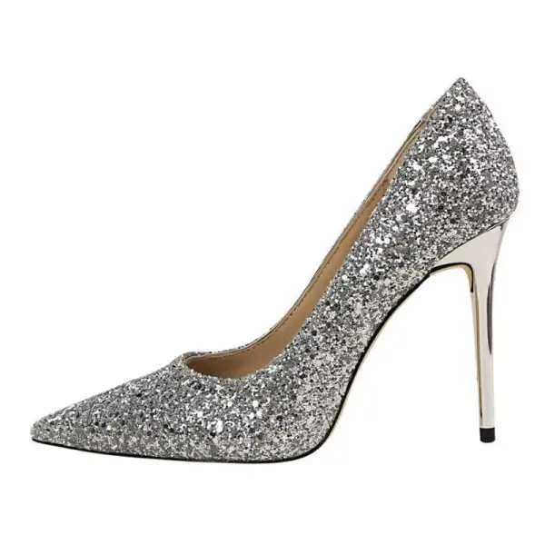 Sparkly Sølv Aften Pumps 2019 Paljetter 9 cm Stiletthæler Spisse Pumps