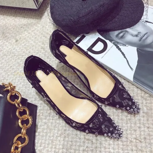 Sexy Noire Soirée Escarpins 2019 En Dentelle Rivet 10 cm / 4 inch Talons Aiguilles À Bout Pointu Escarpins
