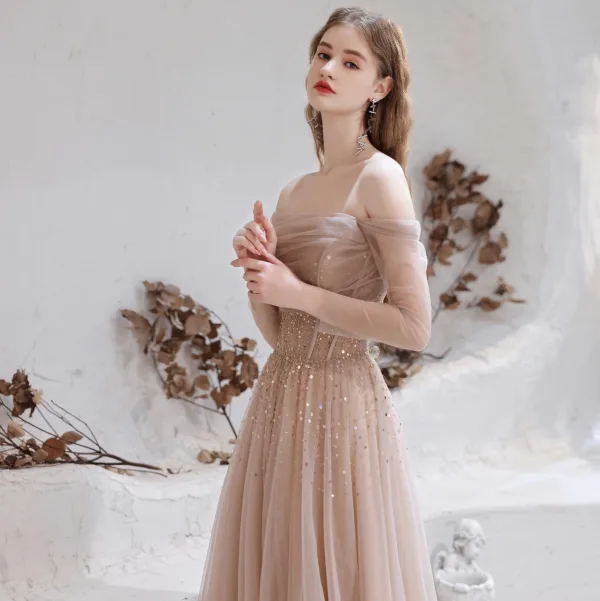 Charmant Rougissant Rose Robe De Soirée 2021 Princesse De l'épaule Perlage Étoile Paillettes 3/4 Manches Dos Nu Longue Robe De Ceremonie