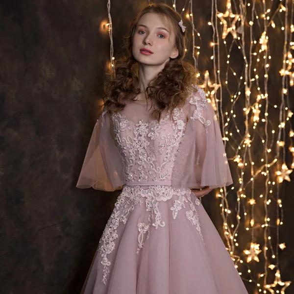 Chic / Beautiful Blushing Pink Prom Dresses 2018 A-Line / Princess Lace Appliques Pearl Sash Scoop Neck Backless 3/4 Sleeve Floor-Length / Long Formal Dresses