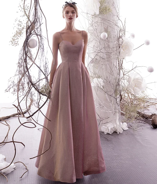 Charming Pearl Pink Starry Sky Evening Dresses 2019 A-Line / Princess Sleeveless Glitter Satin Spaghetti Straps Backless Floor-Length / Long Formal Dresses