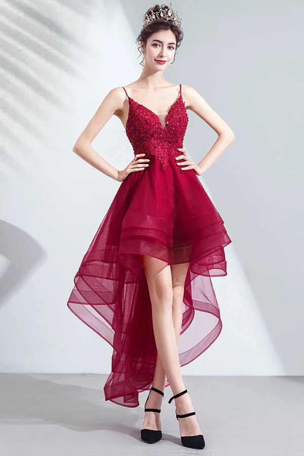 Sexig Hög Låg Burgundy Cocktailklänningar 2019 Prinsessa Spaghettiband Beading Paljetter Spets Blomma Ärmlös Halterneck Asymmetrisk Formella Klänningar
