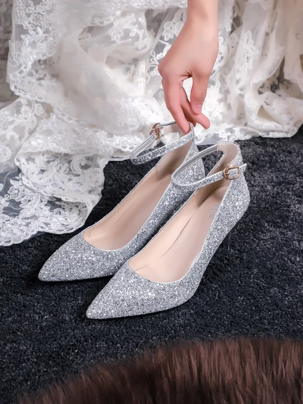 Scintillantes Doré Chaussure De Mariée 2019 Paillettes Bride Cheville 7 cm Talons Aiguilles À Bout Pointu Mariage Escarpins