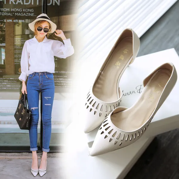 Mode Aprikos / Beige Casual Damskor 2019 Läder 7 cm Stilettklackar Spetsiga Högklackade