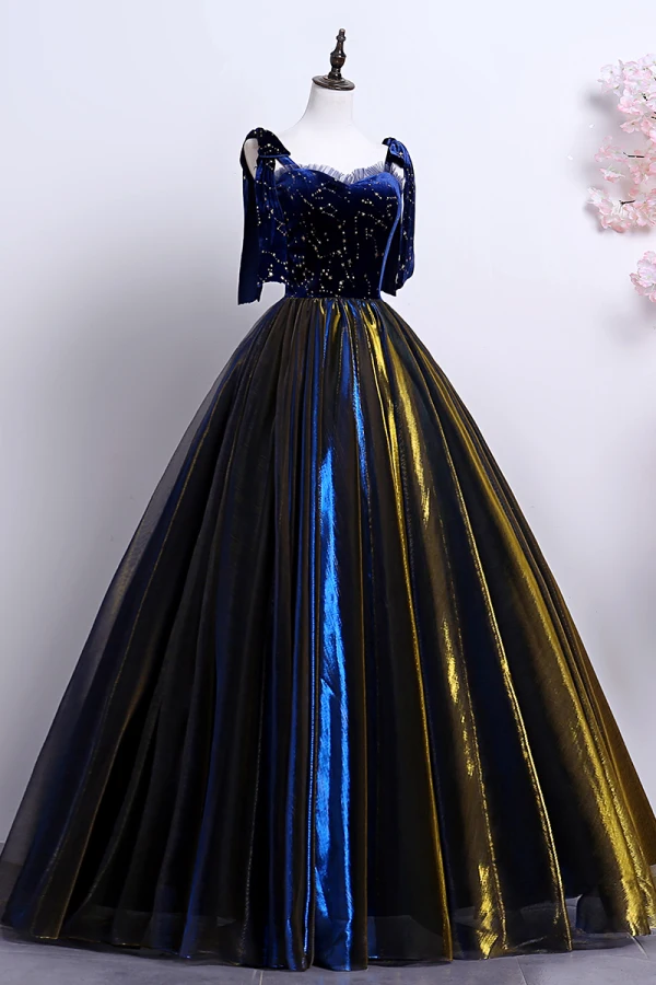 Elegante Königliches Blau Gold Ballkleider 2019 A Linie Spaghettiträger Wildleder Spitze Star Ärmellos Rückenfreies Lange Festliche Kleider