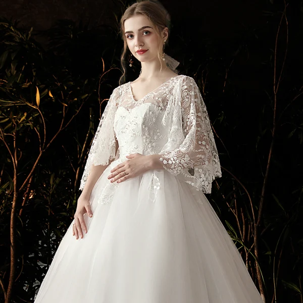 Chic / Beautiful Ivory Pregnant Wedding Dresses 2019 A-Line / Princess V-Neck Pearl Lace Flower 3/4 Sleeve Backless Chapel Train