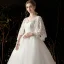 Chic / Beautiful Ivory Pregnant Wedding Dresses 2019 A-Line / Princess V-Neck Pearl Lace Flower 3/4 Sleeve Backless Chapel Train