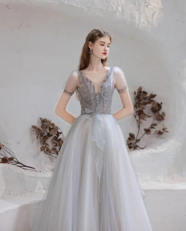 Fashion Grey Evening Dresses  2021 A-Line / Princess V-Neck Beading Rhinestone Sequins Short Sleeve Backless Floor-Length / Long Formal Dresses
