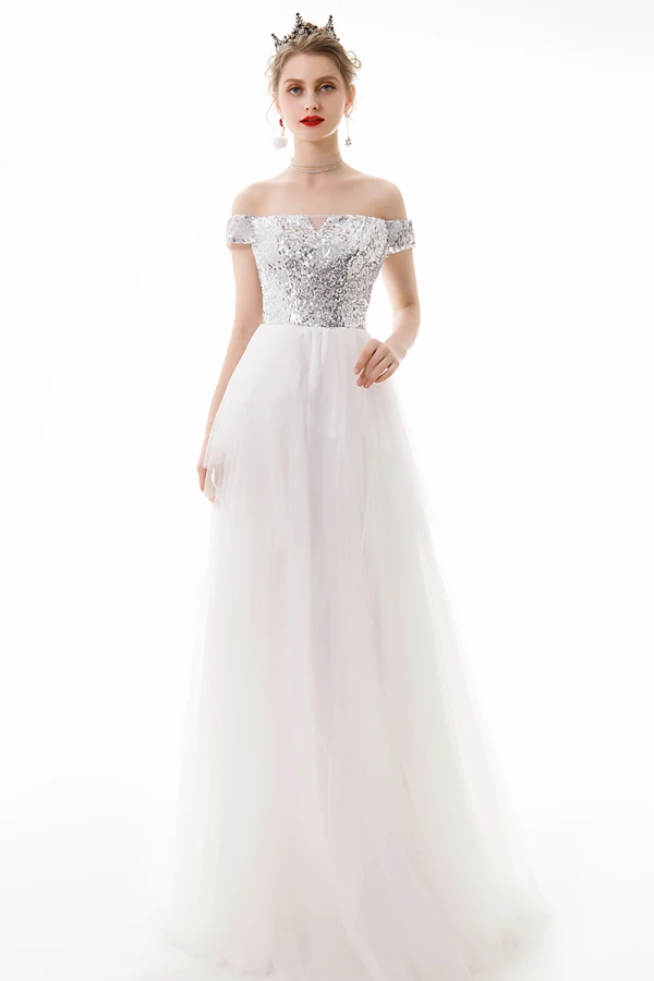 Modern / Fashion Ivory Evening Dresses 2019 A-Line / Princess Off-The-Shoulder Sequins Short Sleeve Backless Floor-Length / Long Formal Dresses