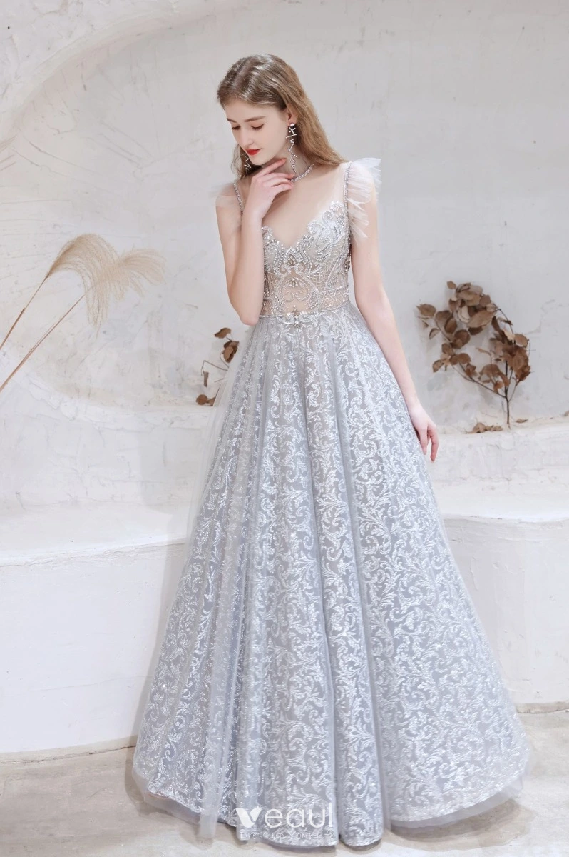 Stunning Long Silver A-line Halter Pleated Sexy Prom Dress with Rhinestones