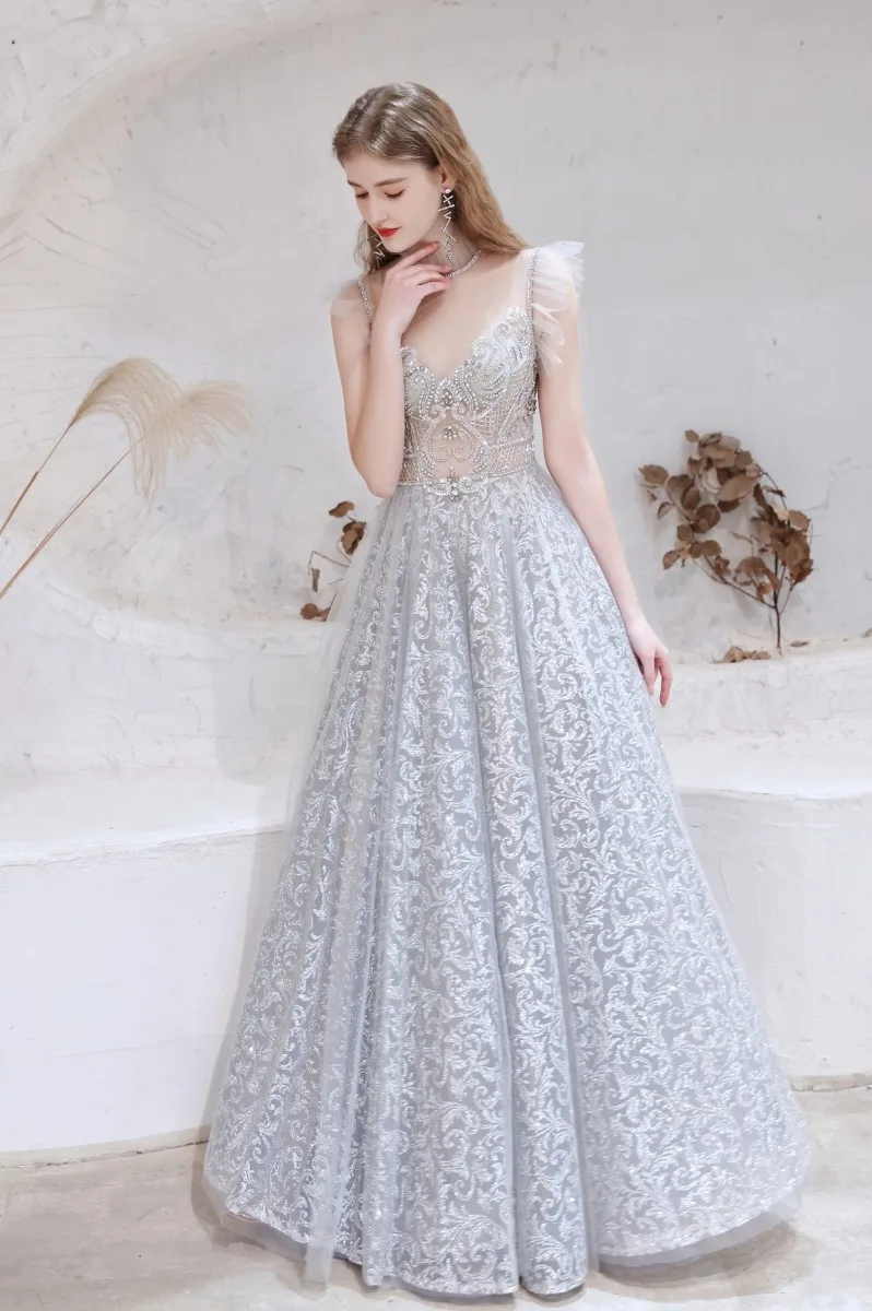 Sexy Silver Prom Dresses 2021 A Line Princess High Neck Beading Rhinestone  Lace Flower Sleeveless Backless Floor Length Long Formal Dresses