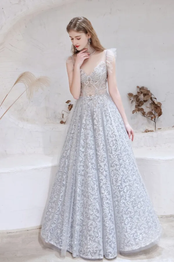 Sexy Silver Prom Dresses 2021 A-Line / Princess High Neck Beading  Rhinestone Lace Flower Sleeveless Backless