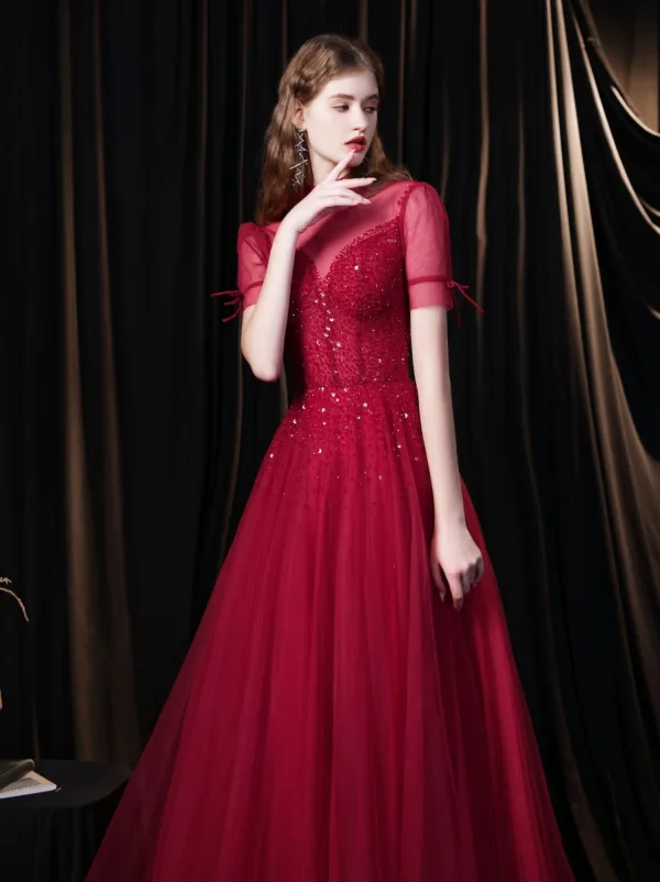Élégant Bordeaux Robe De Soirée 2021 Princesse Col Haut Perlage Paillettes Manches Courtes Dos Nu Longue Robe De Ceremonie