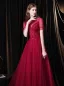 Élégant Bordeaux Robe De Soirée 2021 Princesse Col Haut Perlage Paillettes Manches Courtes Dos Nu Longue Robe De Ceremonie