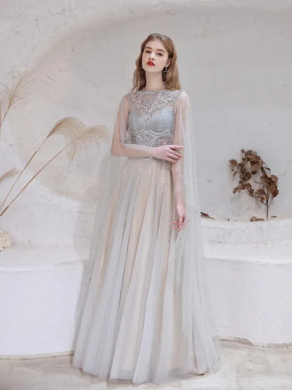 Charming High-end Grey Evening Dresses 2021 A-Line / Princess Scoop Neck Beading Rhinestone Sequins Sleeveless Floor-Length / Long Evening Party Formal Dresses