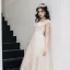 Schöne Champagner Brautkleider 2018 A Linie Mit Spitze Blumen Off Shoulder Rückenfreies Ärmellos Sweep / Pinsel Zug Hochzeit