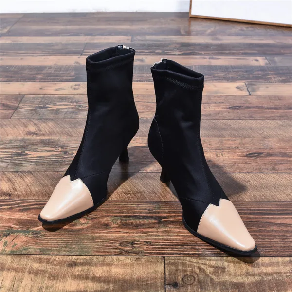 Vintage / Originale Noire Désinvolte Bottes Femme 2020 Cuir 7 cm Talons Aiguilles À Bout Pointu Bottes