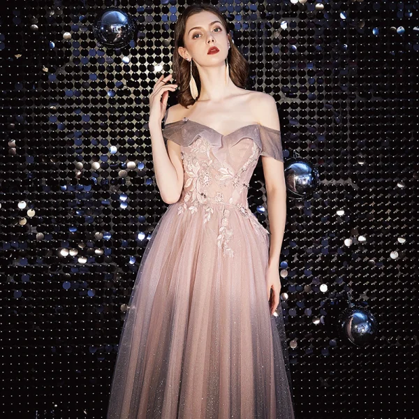 Élégant Rougissant Rose Robe De Soirée 2020 Princesse De l'épaule Perlage Paillettes En Dentelle Fleur Manches Courtes Dos Nu Longue Robe De Ceremonie