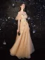 Charmant Doré Robe De Bal 2020 Princesse Encolure Dégagée En Dentelle Paillettes Étoile Faux Diamant Manches Courtes Dos Nu Longue Robe De Ceremonie