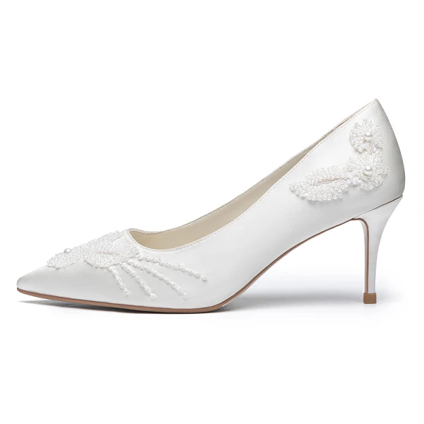 Élégant Blanche Perle Satin Chaussure De Mariée 2021 Cuir 7 cm Talons Aiguilles À Bout Pointu Mariage Escarpins Talons Hauts