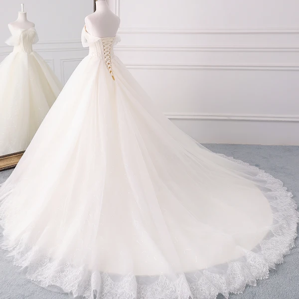Schöne Champagner Brautkleider 2018 Ballkleid Perlenstickerei Pailletten Mit Spitze Off Shoulder Rückenfreies Ärmellos Königliche Schleppe Hochzeit