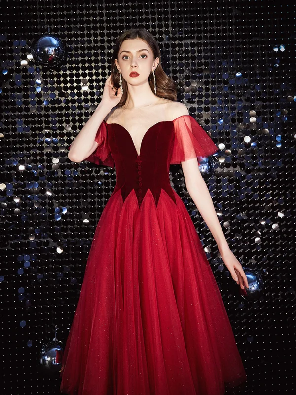 Charmant Rouge Courte Robe De Bal 2020 Princesse Col v profond Paillettes Daim Manches Courtes Thé Longueur Robe De Ceremonie
