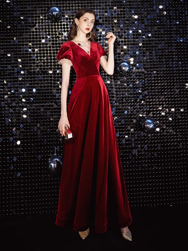 Elegant Red Evening Dresses 2020 A-Line / Princess Suede High Neck Short Sleeve Floor-Length / Long Formal Dresses