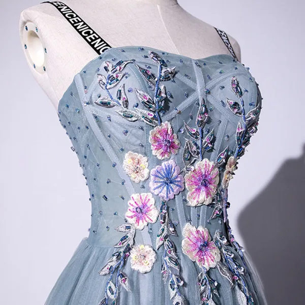 Modern / Fashion Flower Fairy Green Prom Dresses 2019 A-Line / Princess Spaghetti Straps Beading Crystal Sequins Lace Flower Sleeveless Backless Floor-Length / Long Formal Dresses