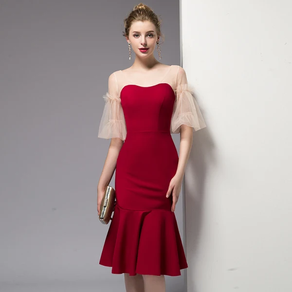 Chic / Beautiful Red Homecoming Graduation Dresses 2020 Trumpet / Mermaid Short Sleeve V-Neck Backless Knee-Length Formal Dresses