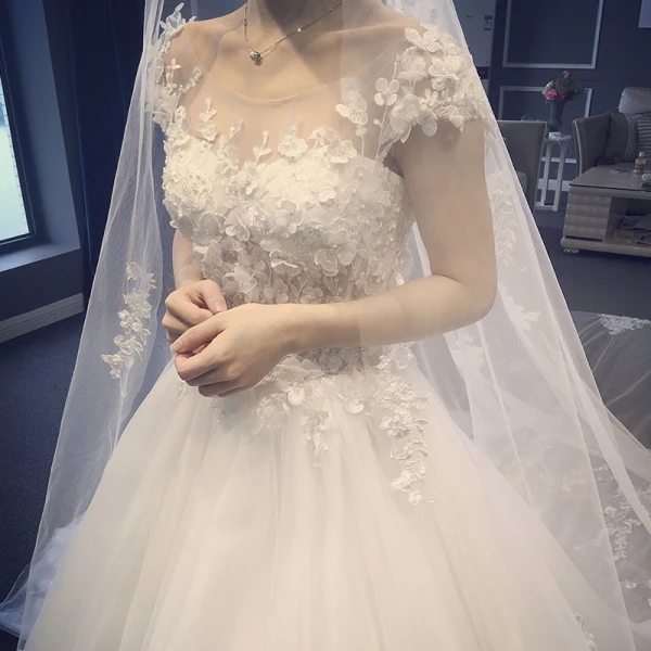 Elegant Champagne Wedding Dresses 2018 Ball Gown Lace Appliques Beading Pearl Off-The-Shoulder Backless Short Sleeve Cathedral Train Wedding