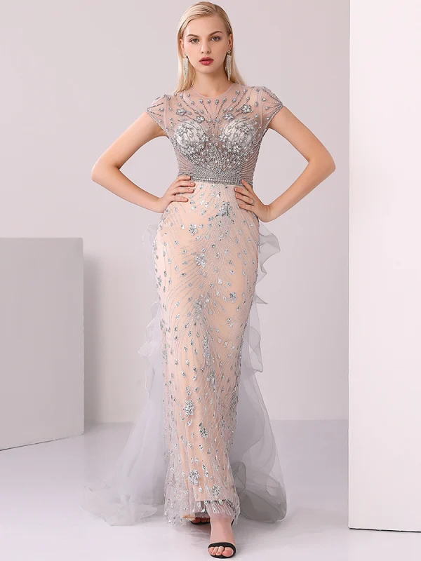 Haut de Gamme Champagne Gris Robe De Soirée 2020 Trompette / Sirène Encolure Dégagée Fait main Perlage Cristal Faux Diamant Manches Courtes Train De Balayage Robe De Ceremonie