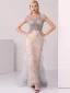 Haut de Gamme Champagne Gris Robe De Soirée 2020 Trompette / Sirène Encolure Dégagée Fait main Perlage Cristal Faux Diamant Manches Courtes Train De Balayage Robe De Ceremonie