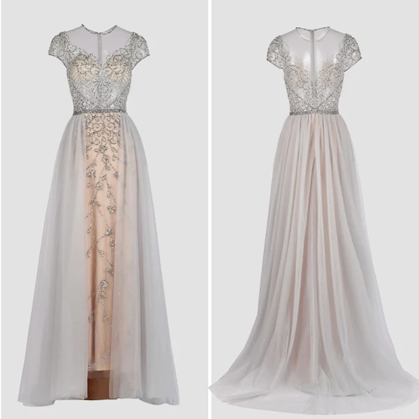 High-end Champagne Grey Evening Dresses 2020 A-Line / Princess Scoop Neck Handmade Beading Crystal Rhinestone Short Sleeve Floor-Length / Long Formal Dresses