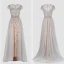 High-end Champagne Grey Evening Dresses  2020 A-Line / Princess Scoop Neck Handmade  Beading Crystal Rhinestone Short Sleeve Floor-Length / Long Formal Dresses