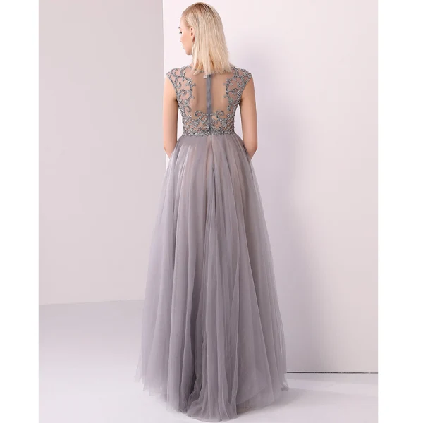 Luxury / Gorgeous Champagne Grey Handmade  Beading Evening Dresses  2020 A-Line / Princess Scoop Neck Crystal Pearl Rhinestone Sleeveless Floor-Length / Long Formal Dresses