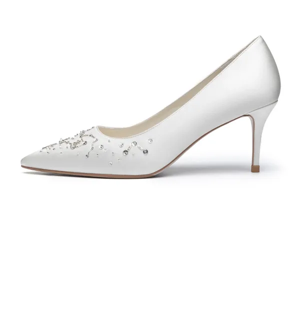 Mooie / Prachtige Ivoor Satijn Rhinestone Bruidsschoenen 2021 Leer 7 cm Naaldhakken / Stiletto Spitse Neus Huwelijk Pumps Hoge Hakken