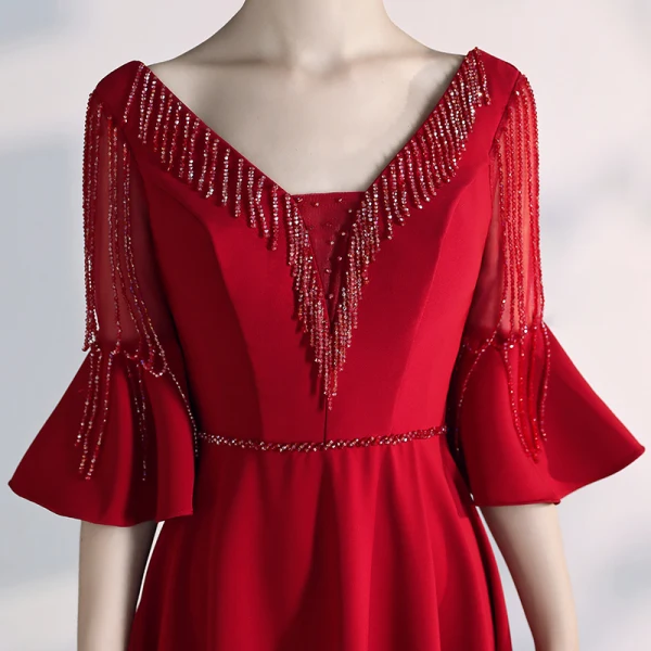 Elegant Burgundy Evening Dresses 2020 A-Line / Princess V-Neck Beading Crystal Tassel Bell sleeves Backless Floor-Length / Long Formal Dresses