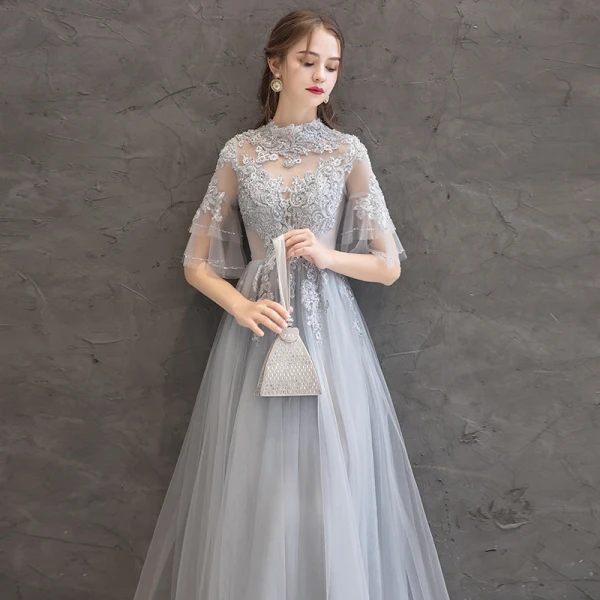 Elegant Grey Evening Dresses 2019 A-Line / Princess High Neck Beading Crystal Lace Flower 1/2 Sleeves Backless Floor-Length / Long Formal Dresses