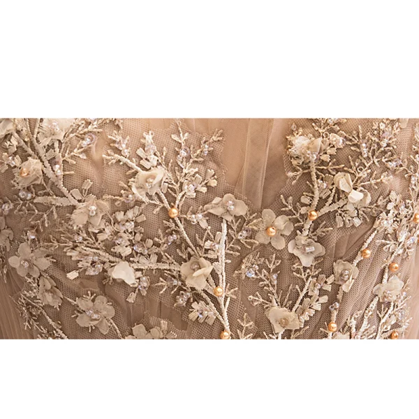 Charming Gold Evening Dresses 2020 A-Line / Princess Off-The-Shoulder Beading Appliques Lace Flower Crystal Pearl Long Sleeve Backless Floor-Length / Long Formal Dresses