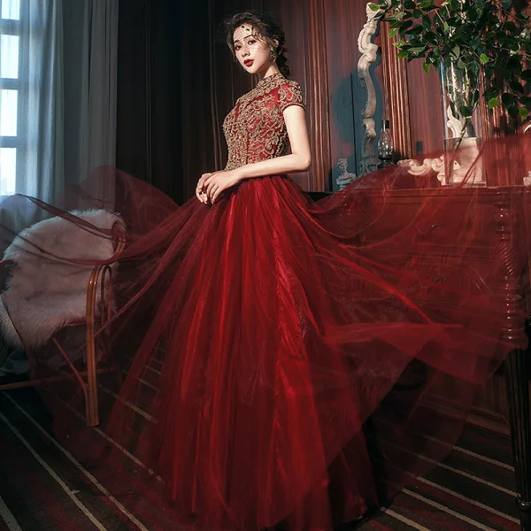 Vintage Retro Burgundy Prom Dresses 2020 A-Line Princess High Neck Gold Lace Short Long