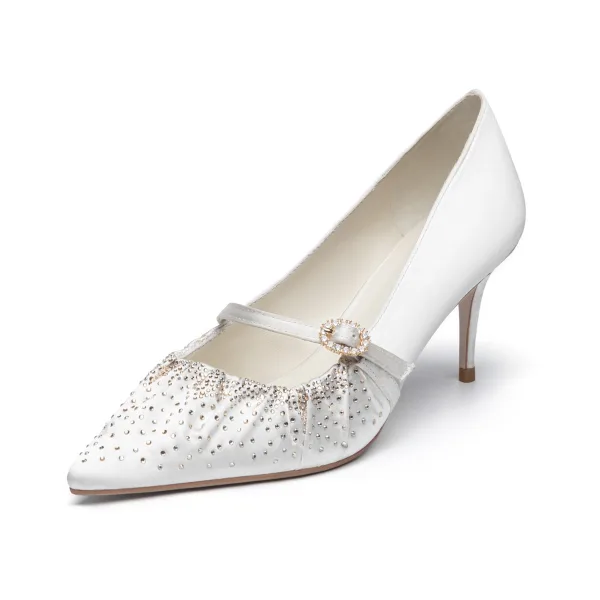 Elegant White Wedding Rhinestone Satin Wedding Shoes 2021 7 cm Stiletto Heels Pointed Toe Pumps High Heels