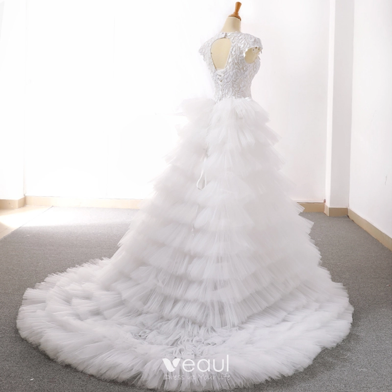 See Through Cap Sleeve Lace V-Neck Ruffles Wedding Dress
