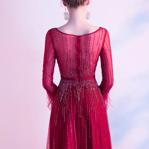 High-end Red Evening Dresses  2020 A-Line / Princess Scoop Neck Beading Crystal Sequins Sash Long Sleeve Floor-Length / Long Formal Dresses