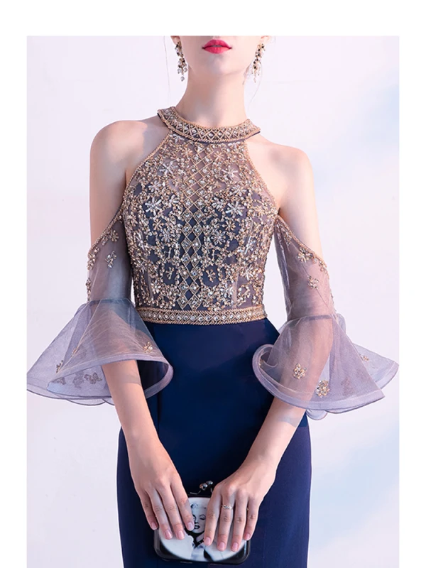 Haut de Gamme Bleu Marine Robe De Soirée 2020 Trompette / Sirène Encolure Dégagée Perlage Cristal Paillettes Manches Courtes Train De Balayage Robe De Ceremonie