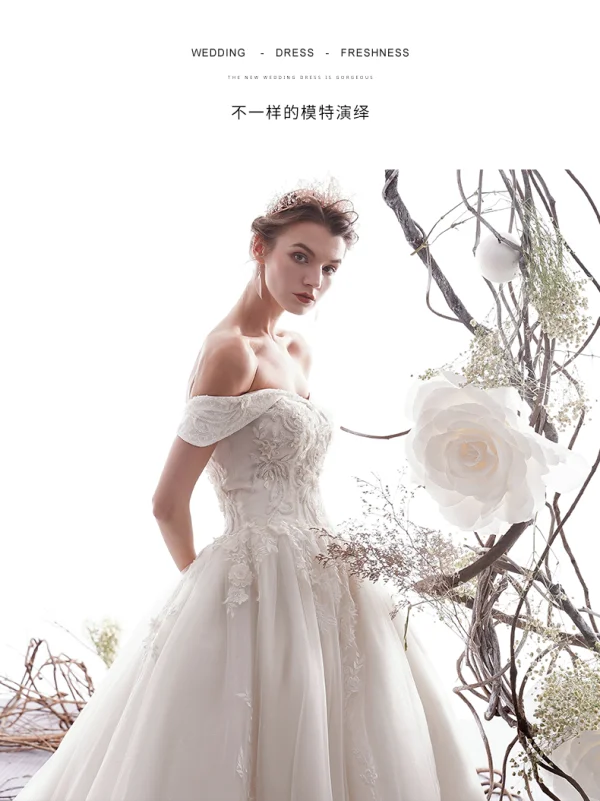 Elegant Ivory Wedding Dresses 2019 A-Line / Princess Off-The-Shoulder Beading Lace Flower Short Sleeve Backless Cathedral Train