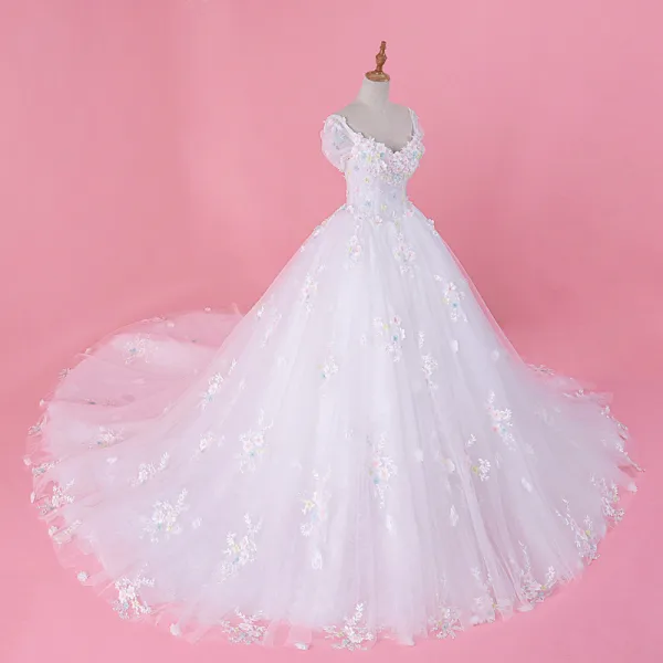 Chic / Beautiful White Wedding Dresses 2018 Ball Gown Multi-Colors Appliques Pearl Off-The-Shoulder Backless Sleeveless Cathedral Train Wedding