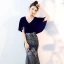 Chic / Beautiful Navy Blue Evening Dresses  2018 Trumpet / Mermaid Glitter V-Neck Short Sleeve Floor-Length / Long Formal Dresses