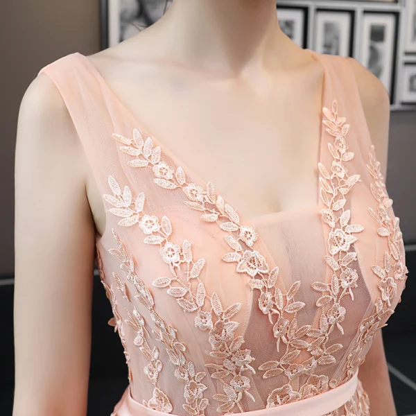 Chic / Beautiful Evening Dresses 2018 A-Line / Princess Lace Appliques Sash V-Neck Backless Sleeveless Floor-Length / Long Formal Dresses